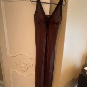 Brown Satin Slip Dress with Black Lace Trim